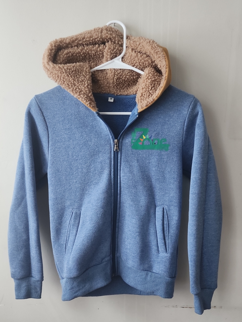 Kids Light Blue Sherpa-Lined Zip Hoodie with Tan Hood